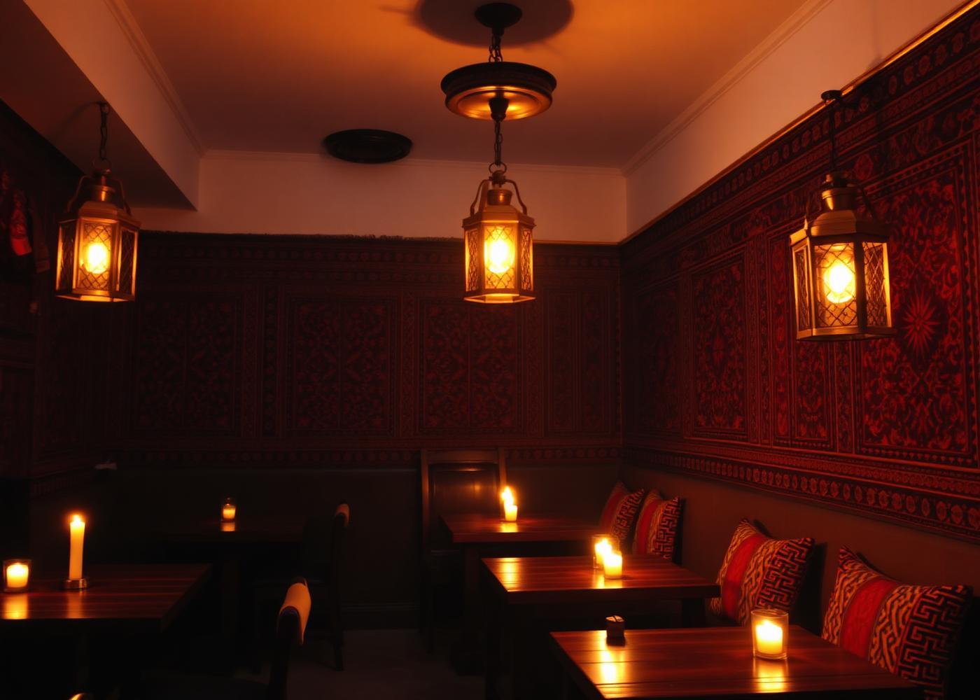 Warm candlelit interior of Kabul Kitchen with brass lanterns and traditional Afghan textiles
